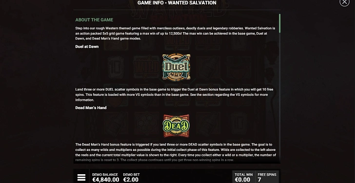 Settings: RTP, game rules, stakes and info panel.