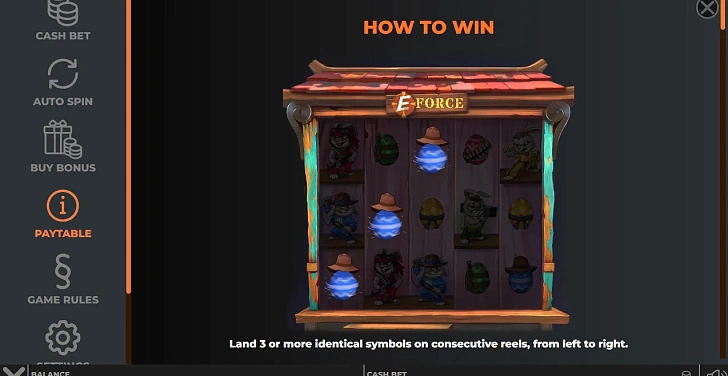 Settings: RTP, game rules, stakes and info panel.