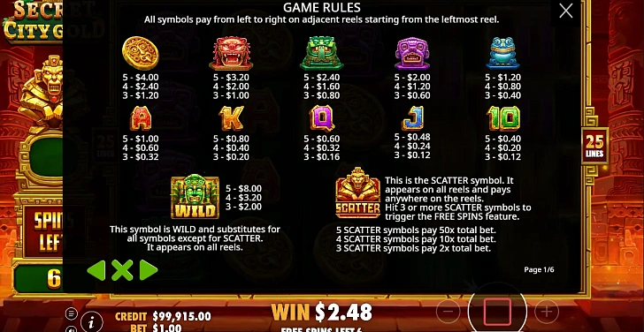 Settings: RTP, game rules, stakes and info panel.