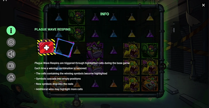 Settings: RTP, game rules, stakes and info panel.