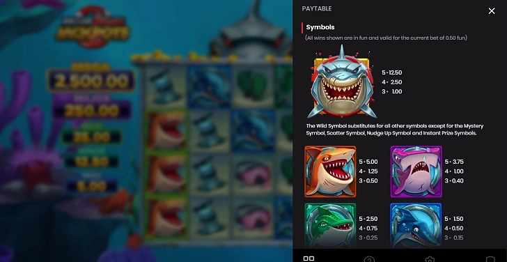 Settings: RTP, game rules, stakes and info panel.
