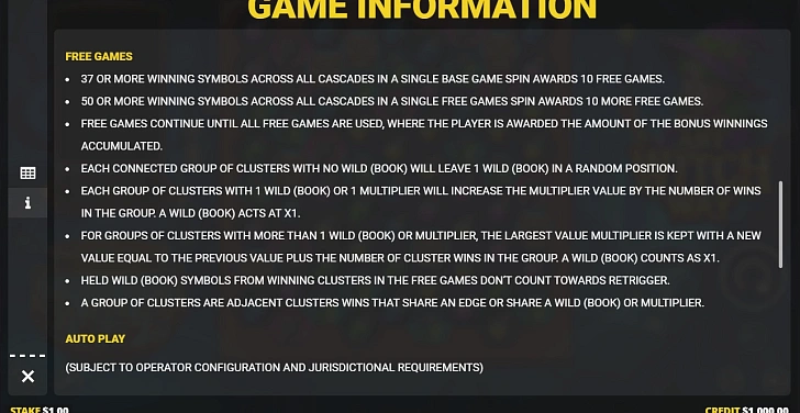 Settings: RTP, game rules, stakes and info panel.