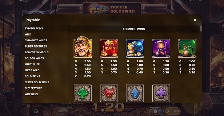 Settings: RTP, game rules, stakes and info panel.