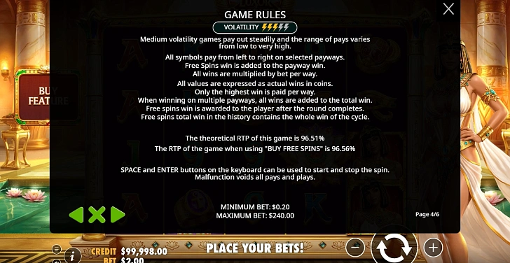 Settings: RTP, game rules, stakes and info panel.
