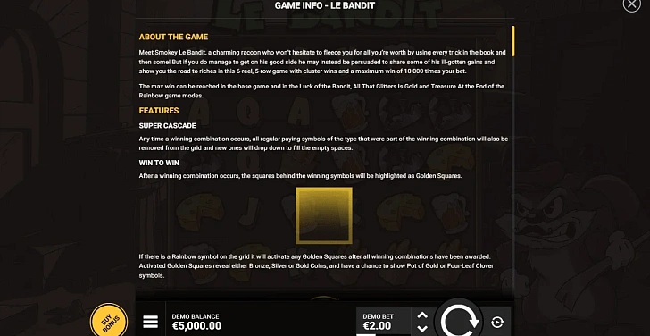 Settings: RTP, game rules, stakes and info panel.