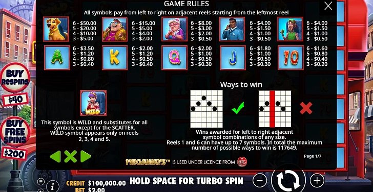 Settings: RTP, game rules, stakes and info panel.