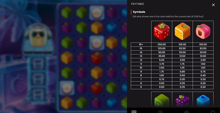 Settings: RTP, game rules, stakes and info panel.