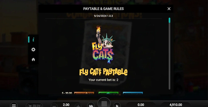 Settings: RTP, game rules, stakes and info panel.