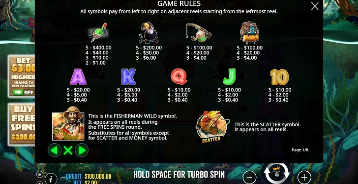 Settings: RTP, game rules, stakes and info panel.