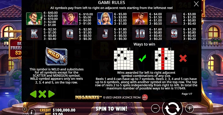 Settings: RTP, game rules, stakes and info panel.