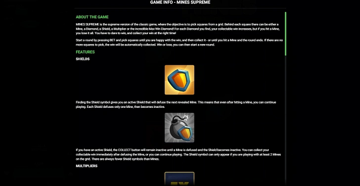 Settings: RTP, game rules, stakes and info panel.