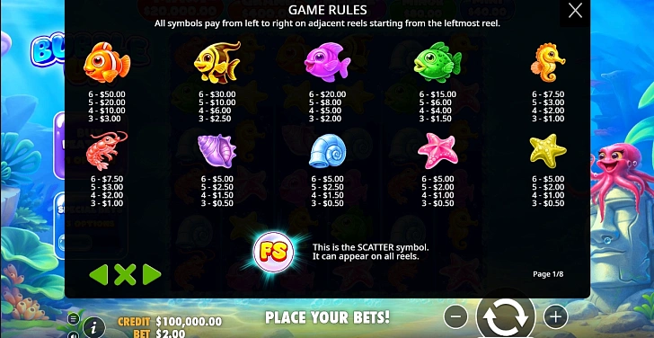 Settings: RTP, game rules, stakes and info panel.