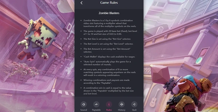 Settings: RTP, game rules, stakes and info panel.