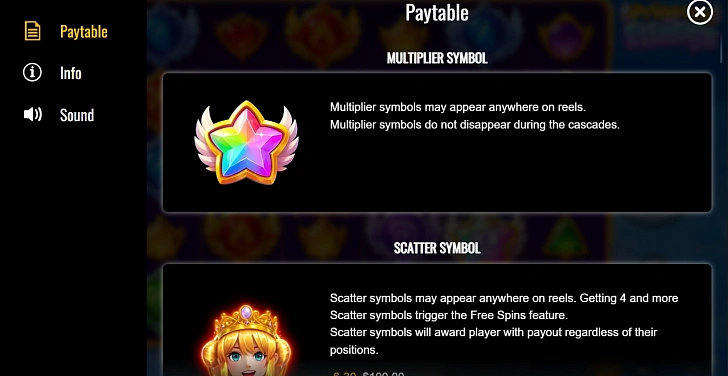 Settings: RTP, game rules, stakes and info panel.