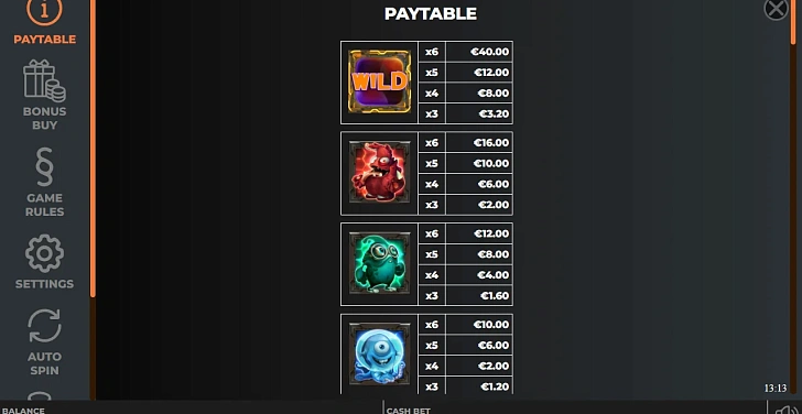 Settings: RTP, game rules, stakes and info panel.