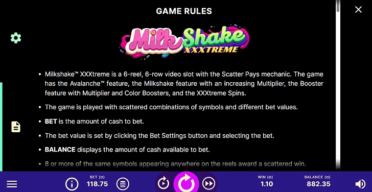 Settings: RTP, game rules, stakes and info panel.