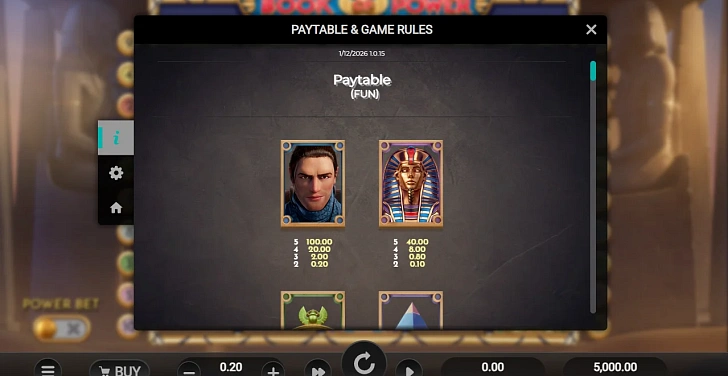 Settings: RTP, game rules, stakes and info panel.