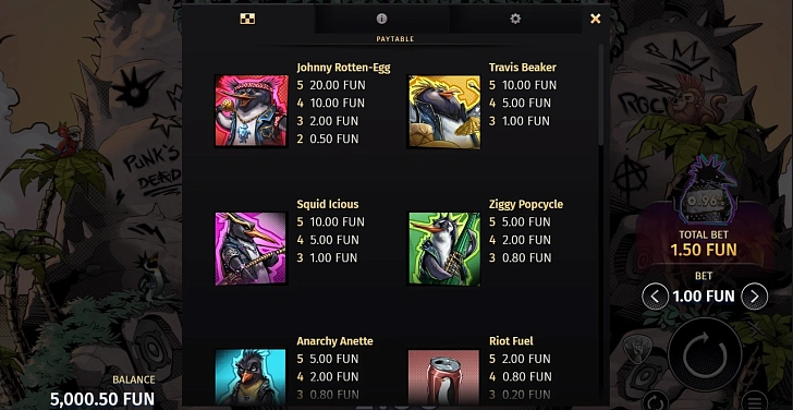 Settings: RTP, game rules, stakes and info panel.