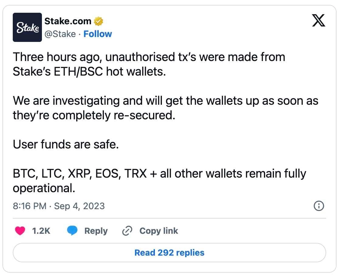 Crypto Betting Platform Stake Hit by Confirmed $41 Million Hack Stake Casino
